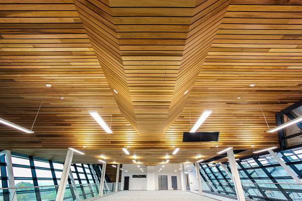Indrukwekkend massief houten plafond voor gebouw meteorologische dienst