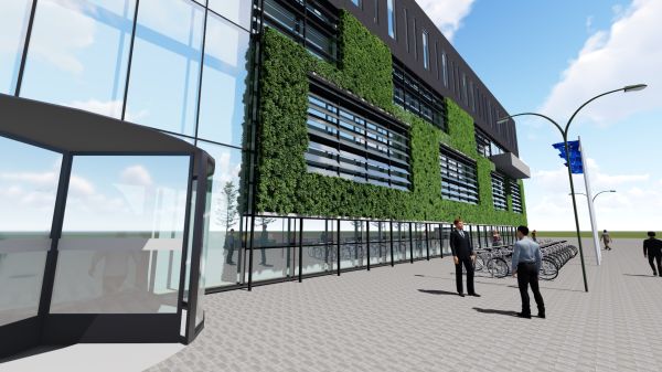 Impressie zuidgevel Gemeentehuis Heerhugowaard met Shadogreen en Shadoglass