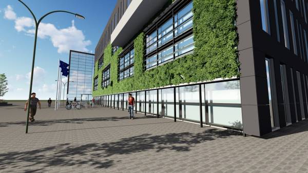 Impressie zuidgevel Gemeentehuis Heerhugowaard met Shadogreen en Shadoglass