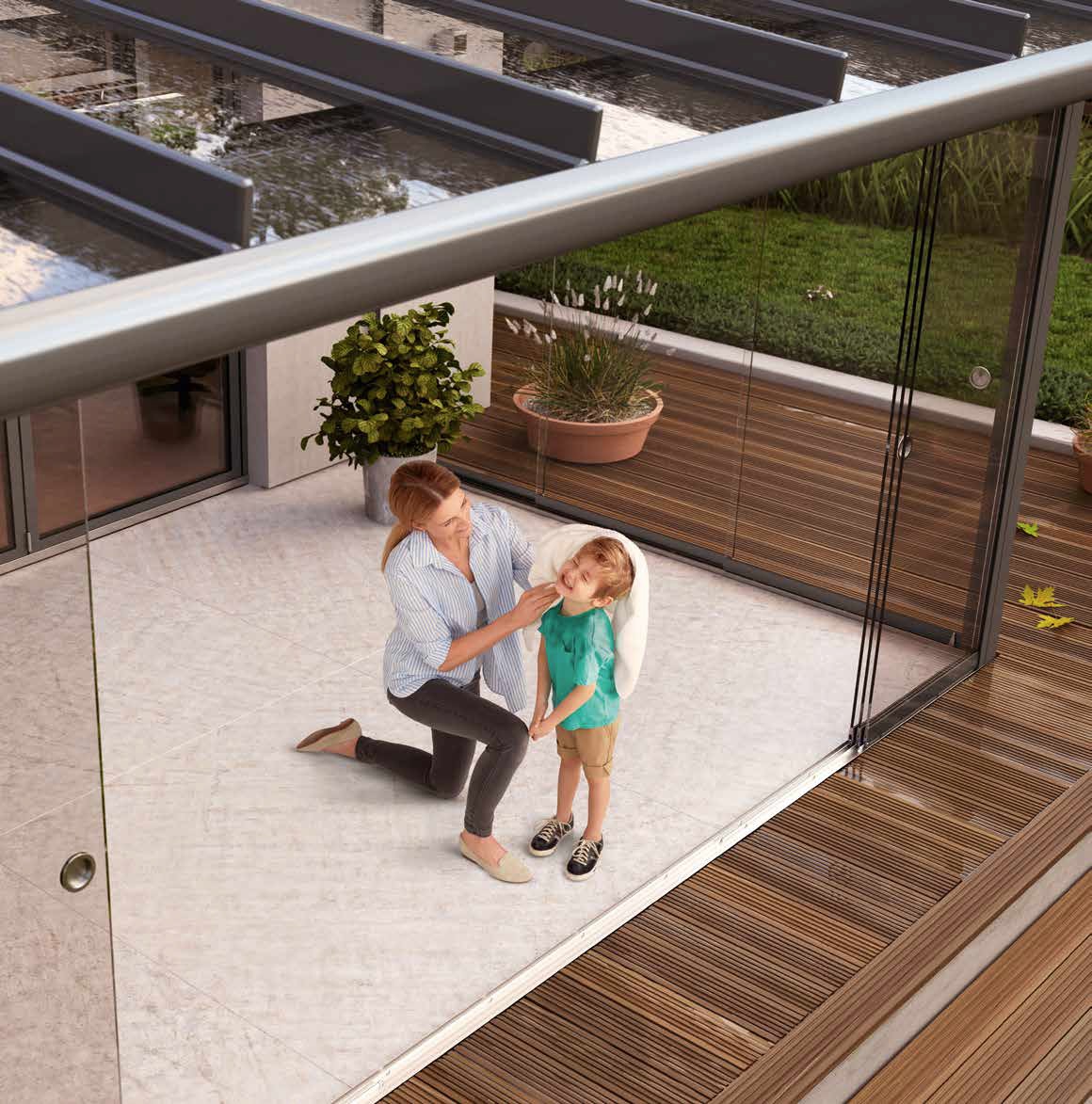 Door een terrasoverkapping SF 152 Plus van Sunflex te combineren met glazen schuifwanden SF 20 ontslaat een beschutte tuinkamer Door een terrasoverkapping SF 152 Plus van Sunflex te combineren met glazen schuifwanden SF 20 ontslaat een beschutte tuinkamer