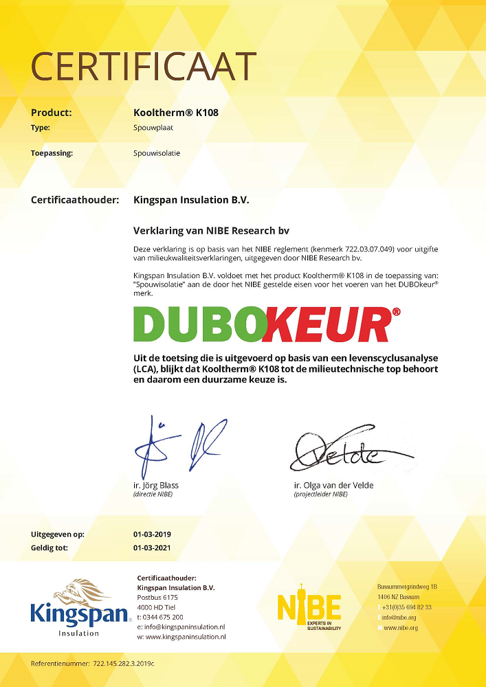 DUBOkeur certificaat Kooltherm K108 DUBOkeur certificaat Kooltherm K108
