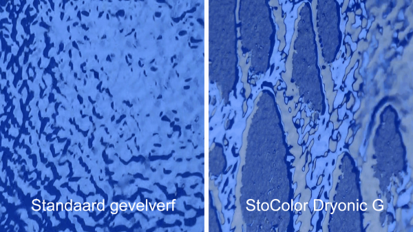 Standaard gevelverf blijft volledig bedekt met water zodra deze nat wordt (foto links). StoColor Dryonic G voert dauw- of regenwater in recordtijd af (foto rechts) 