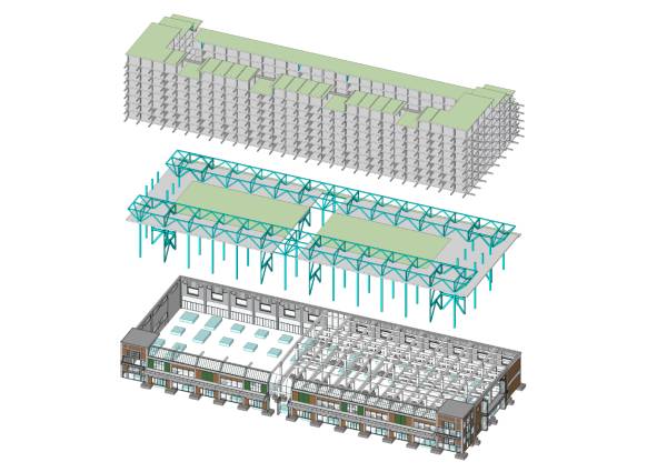 De betonnen bovenbouw steunt af op een stalen tafelconstructie die met 15 meter lange kolommen door de bestaande gebouwen heen prikt. (Beeld: Mei architects and planners)