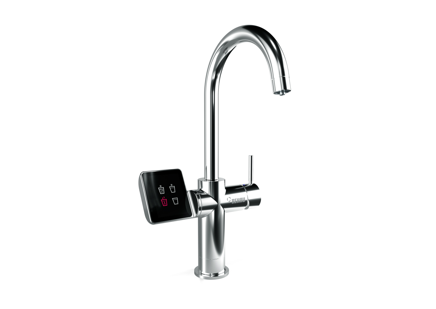 REHAU ReSource+ kraan levert gefilterd koud plat water, bruisend water en kokend heet water REHAU ReSource+ kraan levert gefilterd koud plat water, bruisend water en kokend heet water