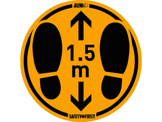 Roodbeen | NBD Nederlandse Bouwdocumentatie Vloersticker houd afstand, geel/zwart, Ø 350 mm, ruwe vloeren