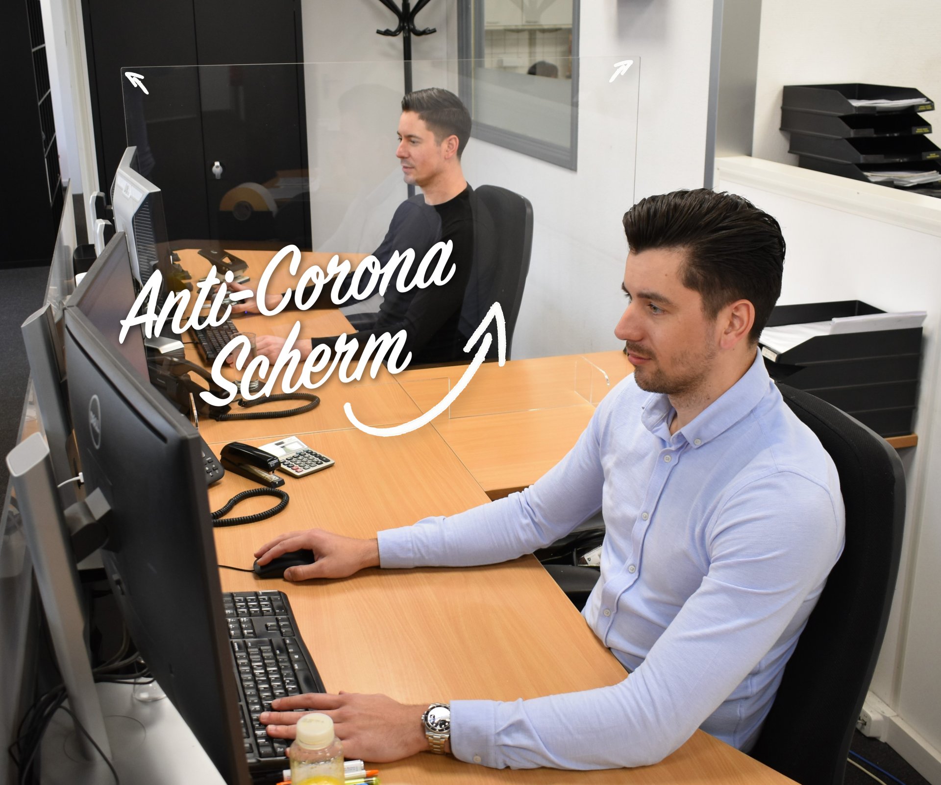 Anti-corona werkplek met spatscherm Anti-corona werkplek met spatscherm