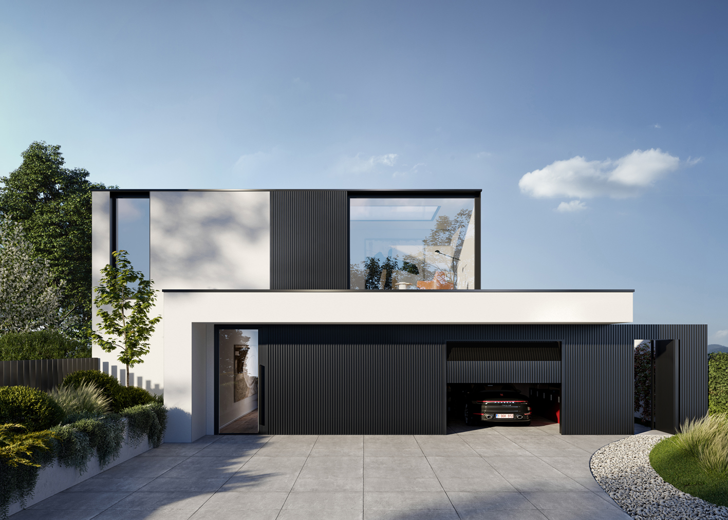 Aliplast Aluminium gevelbekleding Deco Wall Vooraanzicht witte woning met sportwagen