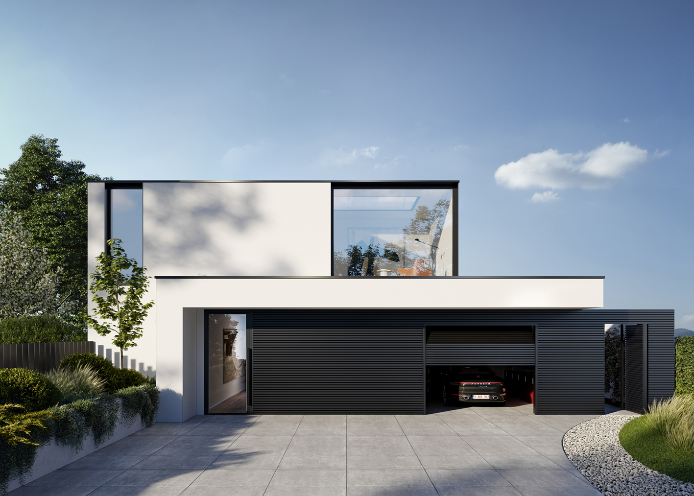 Aliplast Aluminium gevelbekleding Deco Wall Vooraanzicht witte woning met sportwagen