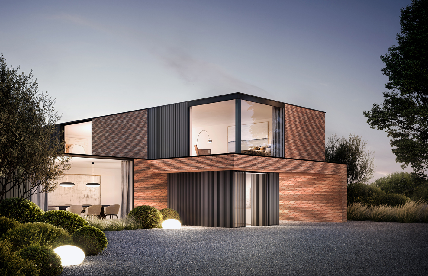 Aliplast Aluminium gevelbekleding Deco Wall Buitenaanzicht woning bij duister