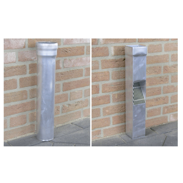 BMT Brekelmans vierkante HWA met loofafscheider (links); vandalismebestendig aluminium ondereind type DN (rechts)