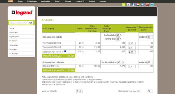 De gebruiker vergelijkt kabel en kabeldraag met railkoker en vult zijn eigen kortingen in.
