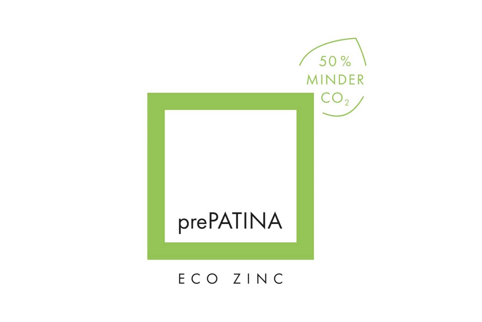 Het logo van RHEINZINK prePATINA ECO ZINC. Een groen vierkant met blaadje tegen een witte achtergrond met daarin de tekst 50% minder C02.