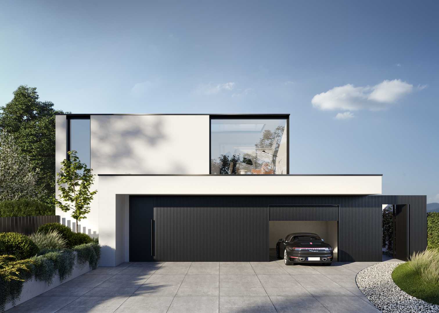 Aliplast Aluminium gevelbekleding Deco Wall Vooraanzicht witte woning met sportwagen