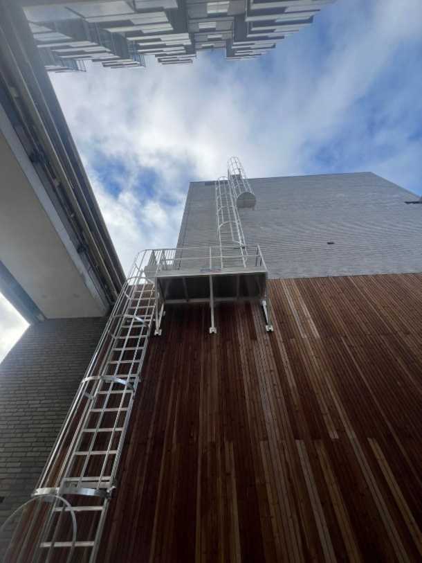 Vaste gevelladder (kooiladder) voorzien van veiligheidskooi