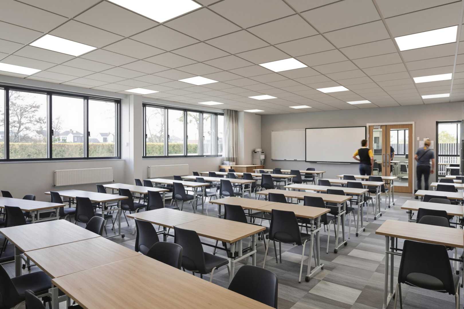 Tonga dB in klaslokaal Klaslokaal met plafondplaten en lichtelementen