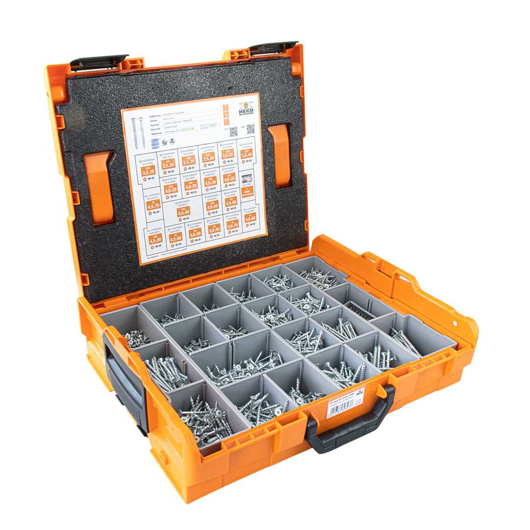 De HECO-L-BOXX met 3005 HECO-TOPIX-plus houtschroeven systeemkoffer Heco Schrauben met schroeven