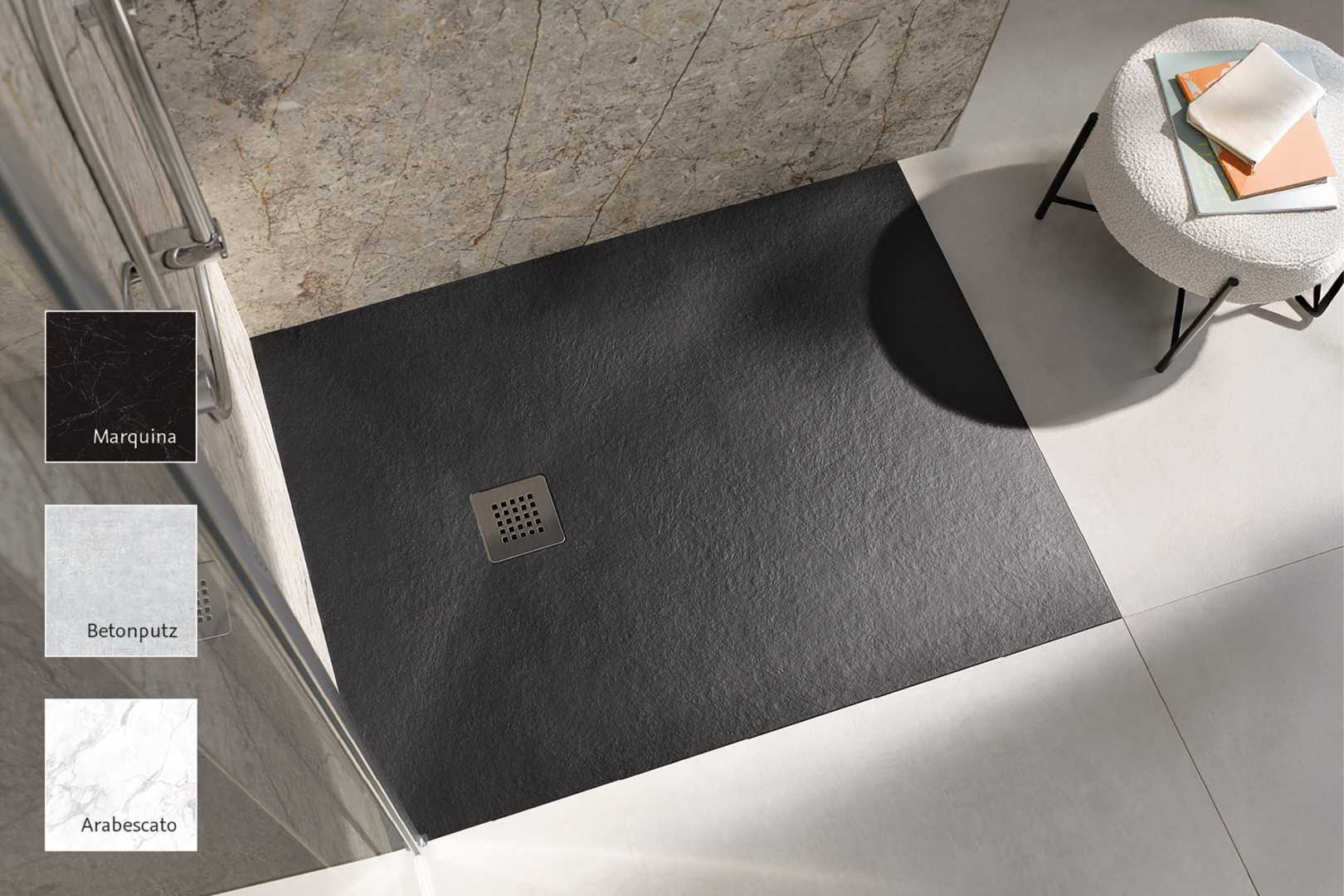 Grote ontwerpvrijheid: naast de standaardkleuren wit, antraciet, lichtgrijs en zandsteen is de Apunto douchevloer ook verkrijgbaar in de elegante designafwerkingen Marquina, Beton ciré en Arabescato. Afwerking voor douchevloer in varianten