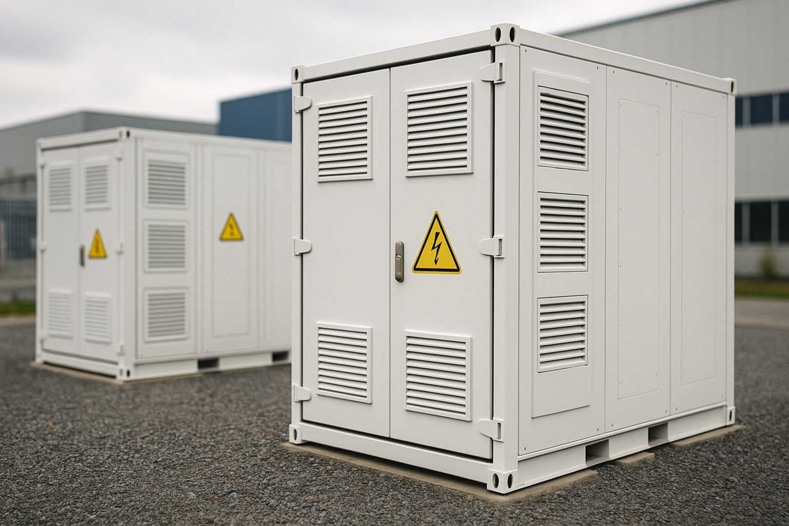 Intercel opent grootste Nederlandse fabriek voor Europese batterijoplossingen Twee witte elektriciteitskasten