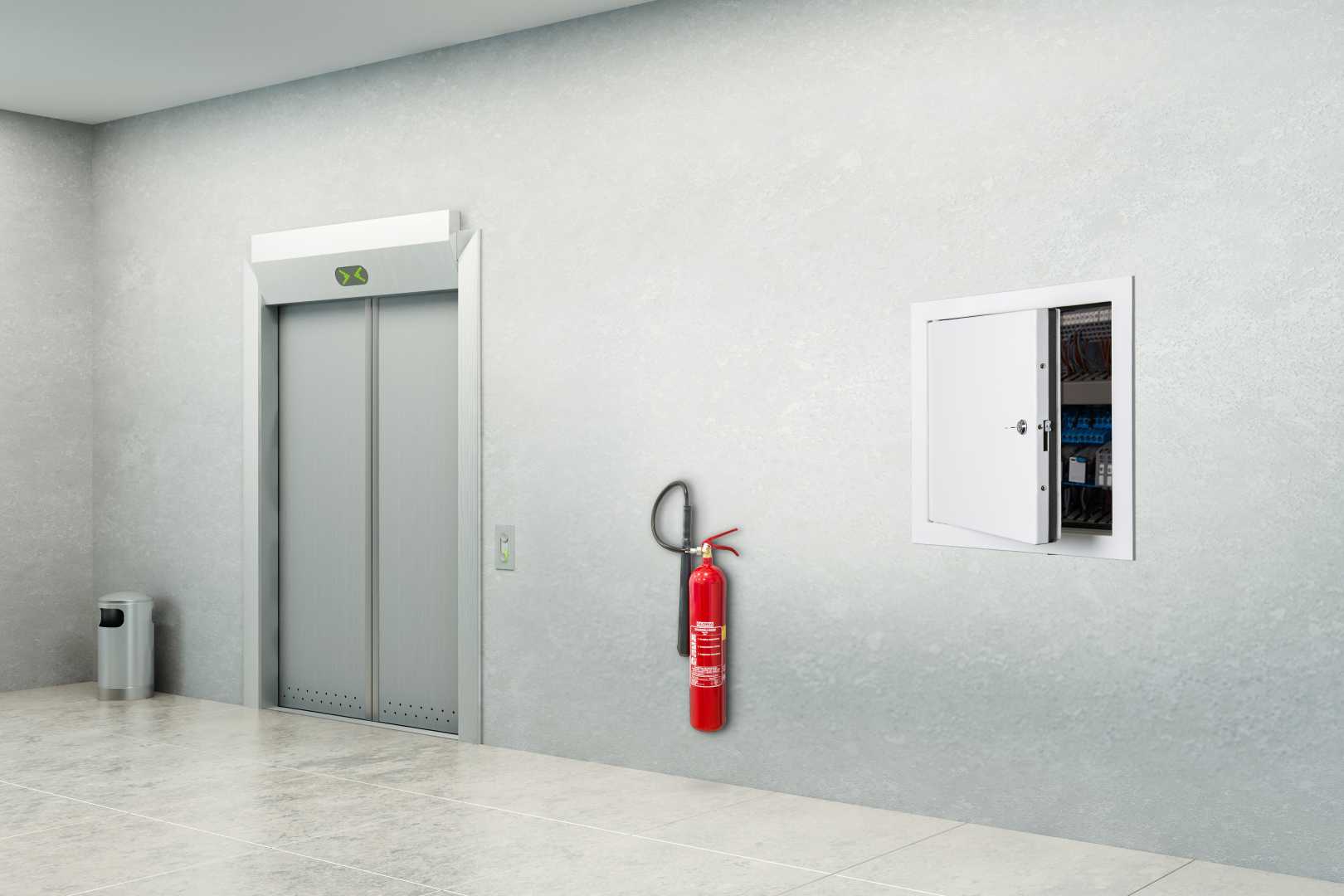 Brandwerende wanddeur Hal met brandblusser en lift