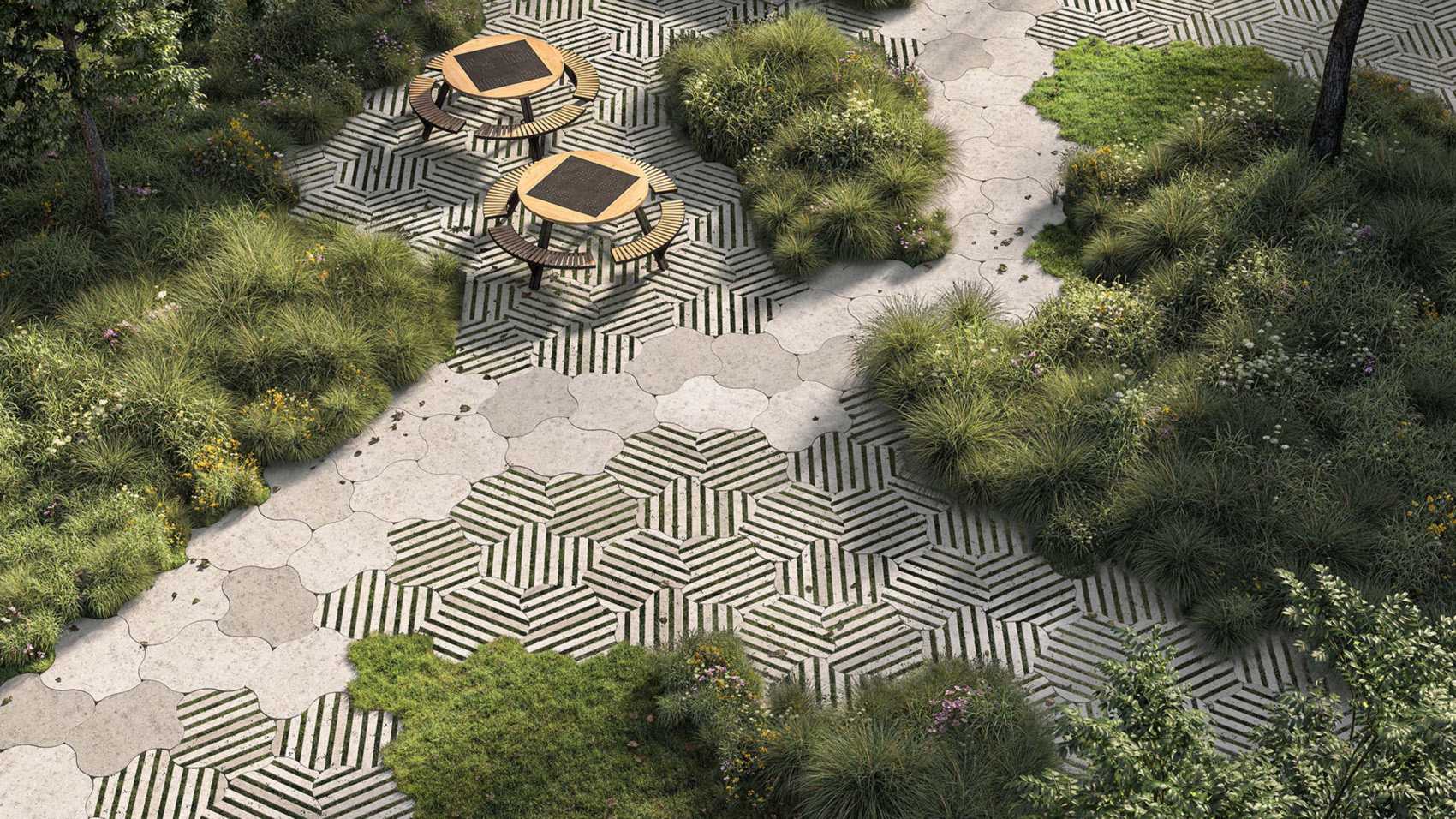 Deer Conrete bovenaanzicht tuin met tegels en groen