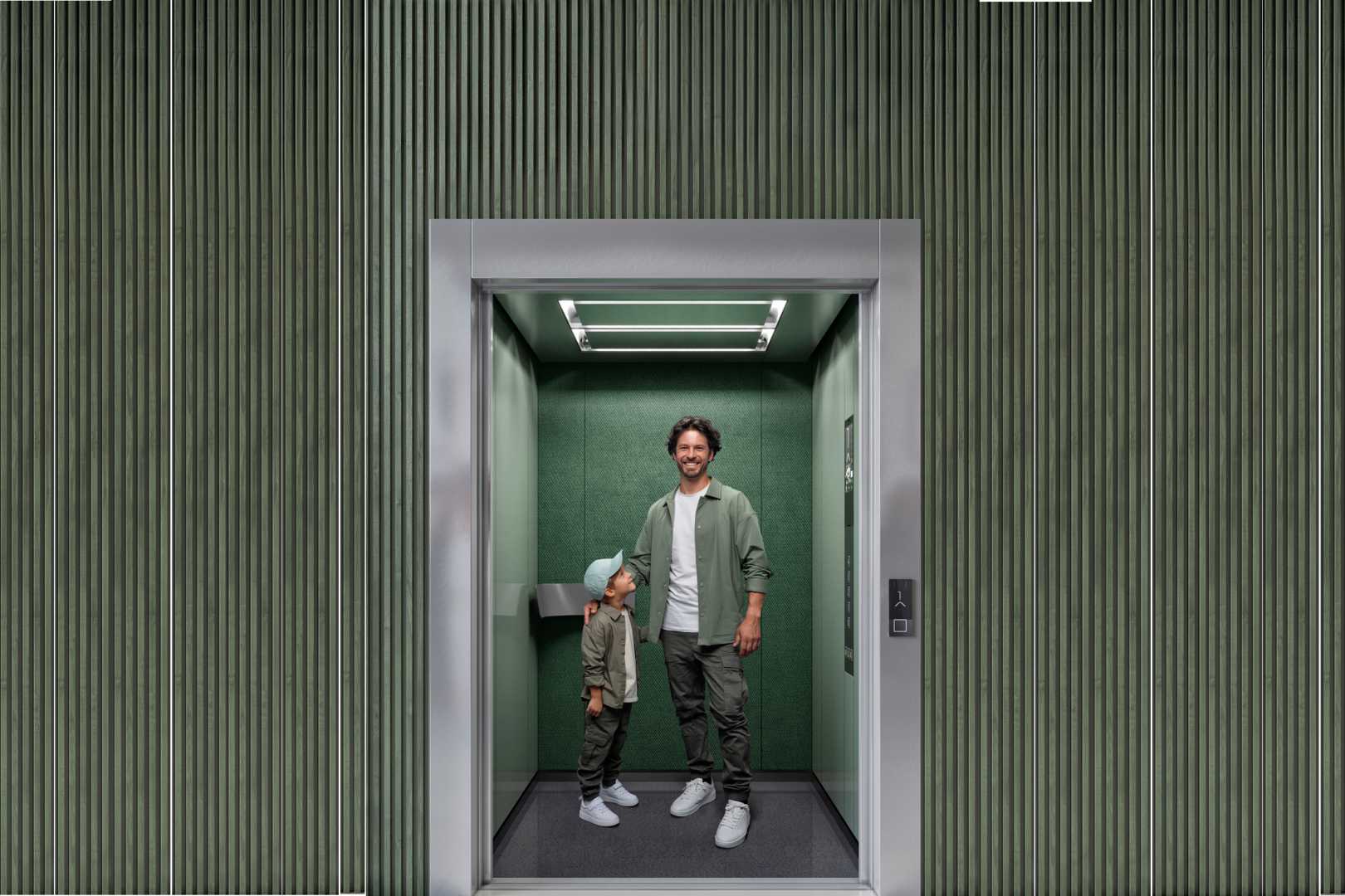 Schindler Designs - Tone on tone Man en kind in lift met groene muren