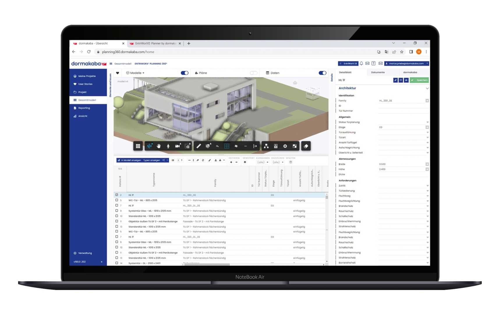 EntriWorX Planning 360 op een Notebook Gebouwcontrole via laptop