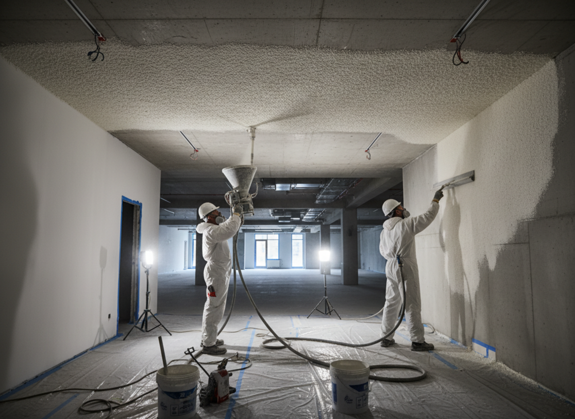 Het aanbrengen van akoestisch pleister Het aanbrengen van akoestisch pleister