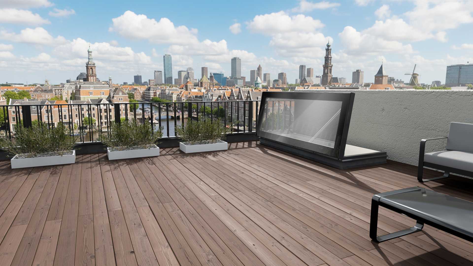 Gorter volledig glazen dakluik openstaand beglaasde dakluik op dakterras