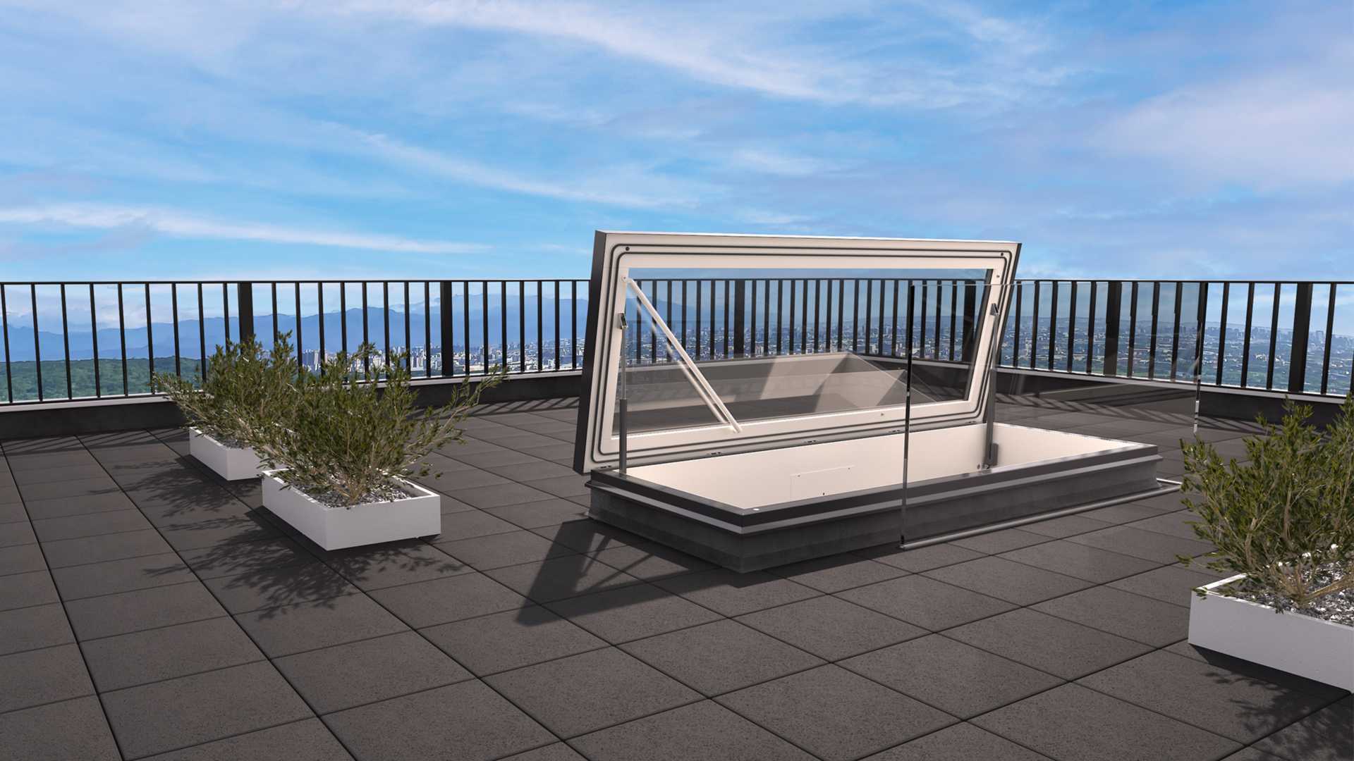 Gorter volledig glazen dakluik openstaand beglaasde dakluik op dakterras